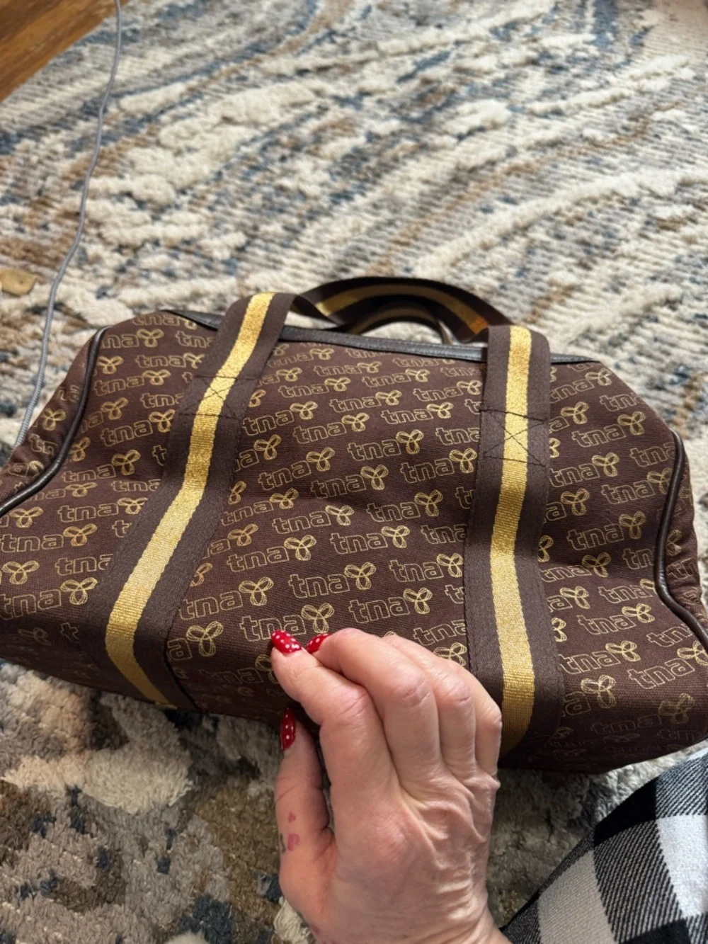 TNA Brown Barrel Tote with Striped Mustard Handles - Picture 2 of 9